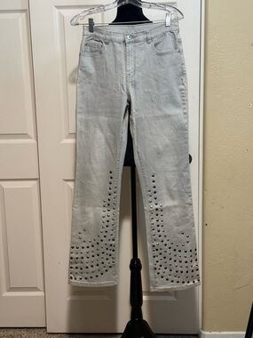 Vintage Diane Gilman Light Gray Straight-Leg Jeans with Stud Accents
